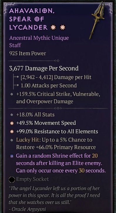 Diablo 4 Ahavarion Spear of Lycander - Mythic Unique card