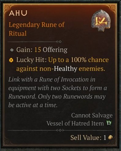 Diablo 4 Ahu Rune - Ritual Rune card