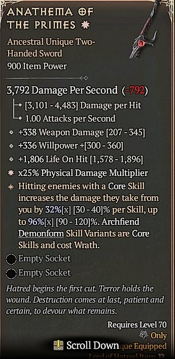 Diablo 4 Anathema of the Primes card