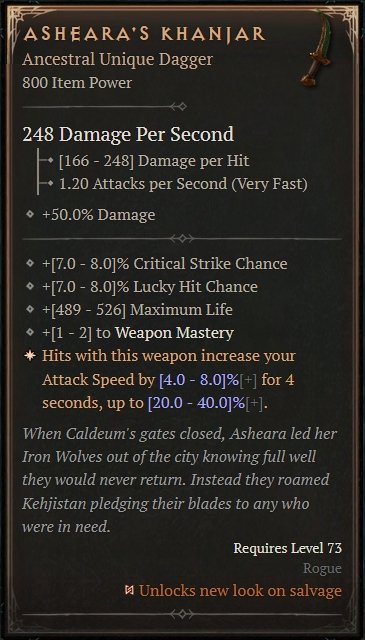 Diablo 4 Asheara's Khanjar - Dagger card