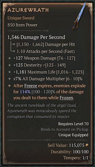 Diablo 4 Azurewrath - Unique Sword card