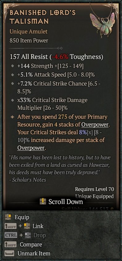 Diablo 4 Banished Lord's Talisman card