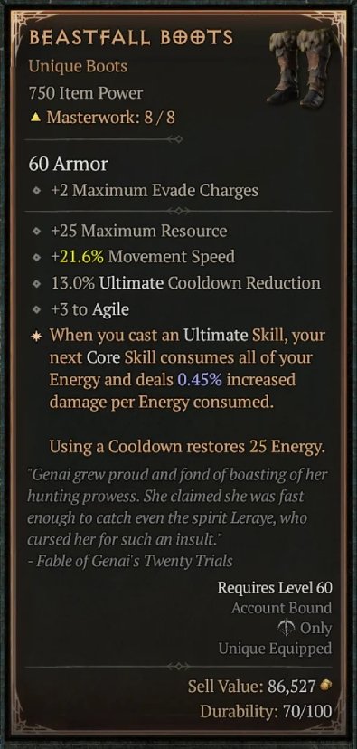 Diablo 4 Beastfall Boots: Unique Boots card