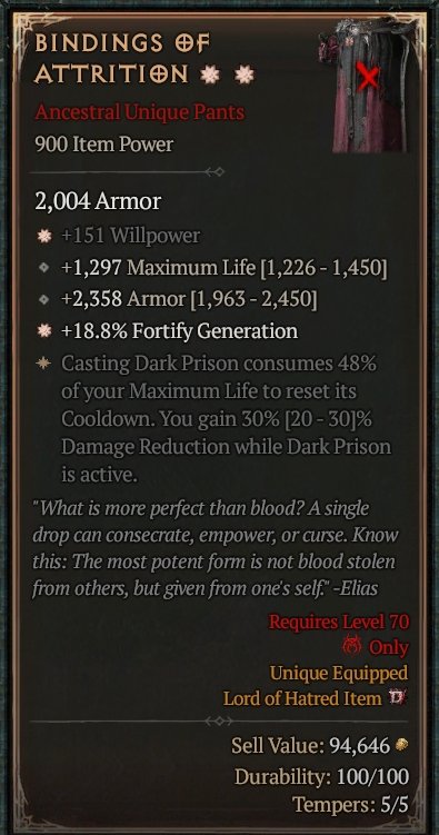 Diablo 4 Bindings of Attrition: Unique Pants card