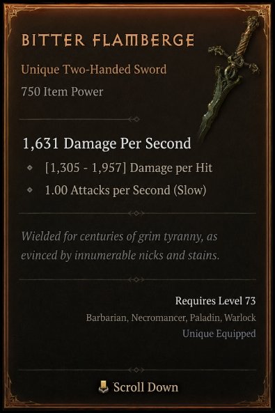 Diablo 4 Bitter Flamberge - Unique Sword card