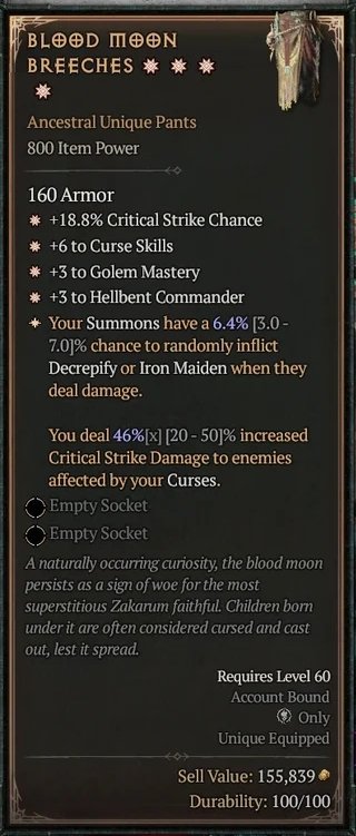 Diablo 4 Blood Moon Breeches: Unique Pants card