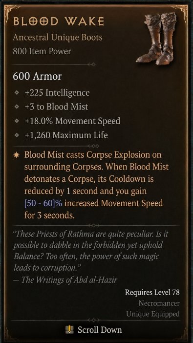 Diablo 4 Blood Wake: Unique Boots Stats card
