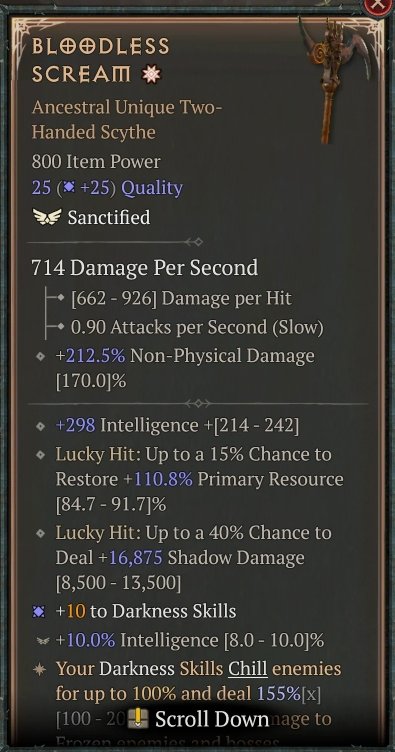 Diablo 4 Bloodless Scream - Unique Scythe card