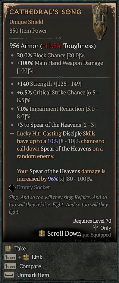 Diablo 4 Cathedral's Song - Unique Shield card