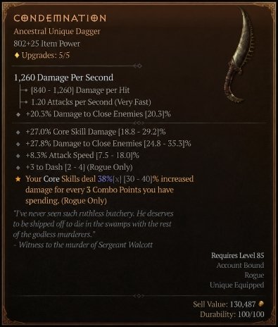 Diablo 4 Condemnation - Unique Dagger card