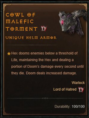 Diablo 4 Cowl of Malefic Torment card