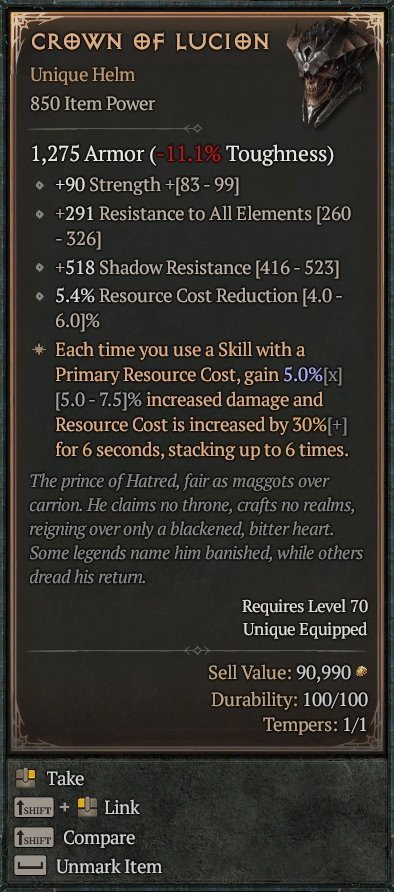 Diablo 4 Crown of Lucion: Unique Helm card