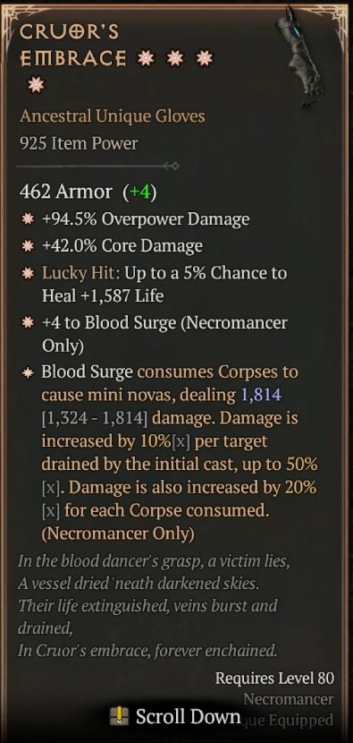 Diablo 4 Cruor's Embrace: Unique Gloves card