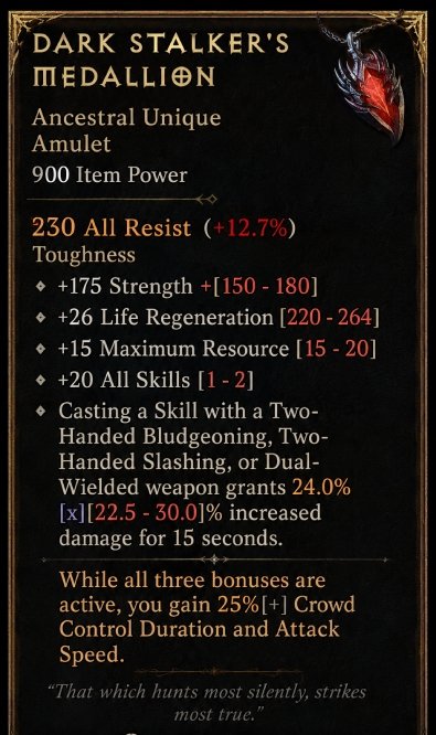 Diablo 4 Dark Stalker's Medallion - Unique Amulet card