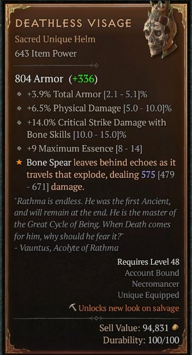 Diablo 4 Deathless Visage card