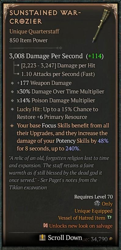 Diablo 4 Sunstained War-Crozier card