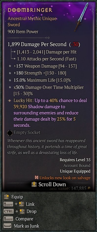 Diablo 4 Doombringer - Mythic Sword card