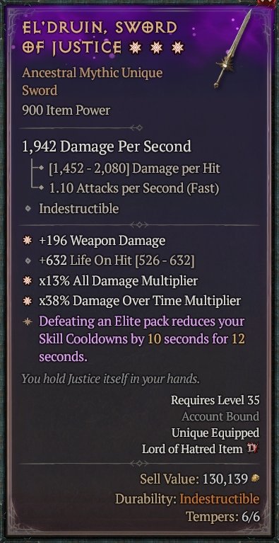 Diablo 4 El'Druin, Sword of Justice card