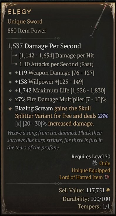 Diablo 4 Elegy - Unique Sword card