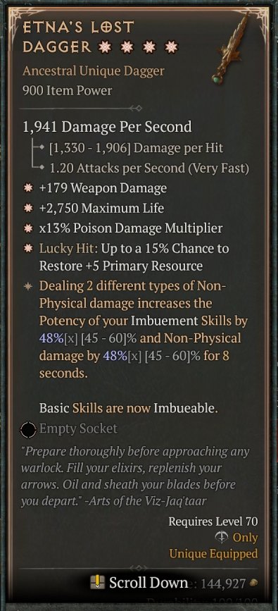 Diablo 4 Etna's Lost Dagger - Unique Dagger card