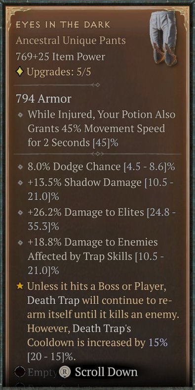 Diablo 4 Eyes in the Dark: Mythic Unique Pants card