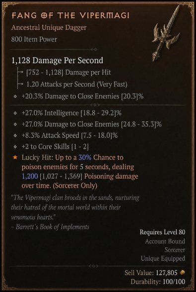 Diablo 4 Fang of the Vipermagi - Unique Dagger card