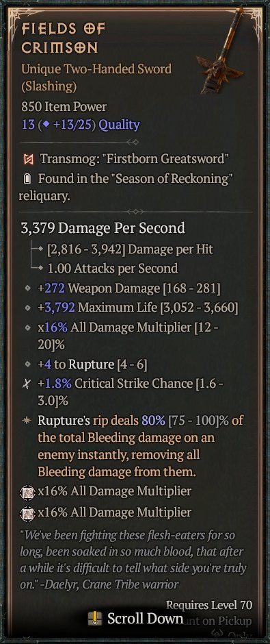 Diablo 4 Fields of Crimson - Unique Sword card