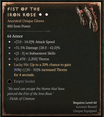 Diablo 4 Fist of the Iron Rose: Unique Gloves card