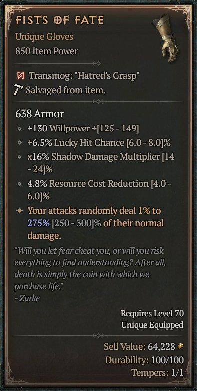 Diablo 4 Fists of Fate: Unique Gloves card