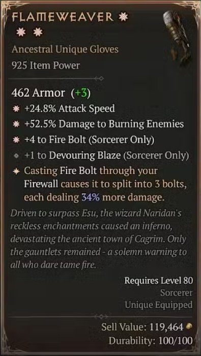 Diablo 4 Flameweaver: Unique Gloves card