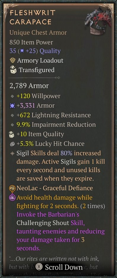Diablo 4 Fleshwrit Carapace: Unique Chest card