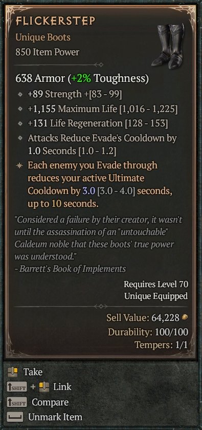Diablo 4 Flickerstep: Unique Boots card