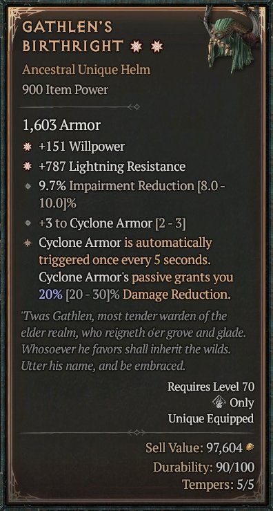Diablo 4 Gathlen's Birthright: Unique Helm card