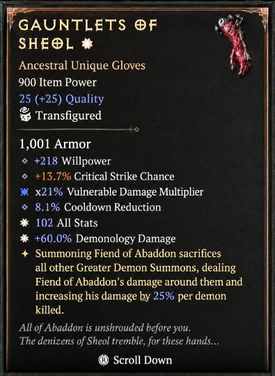 Diablo 4 Gauntlets of Sheol: Unique Gloves card