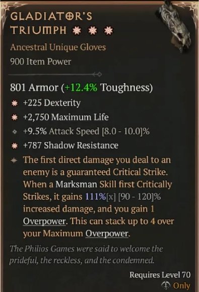 Diablo 4 Gladiator's Triumph: Unique Gloves card