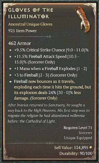 Diablo 4 Gloves of the Illuminator: Unique Gloves card