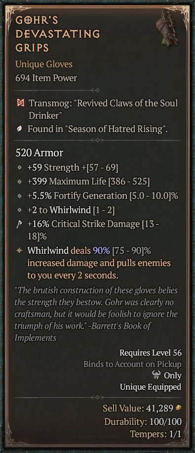 Diablo 4 Gohr's Devastating Grips: Unique Gloves card