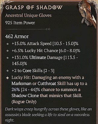 Diablo 4 Grasp of Shadow: Unique Gloves card