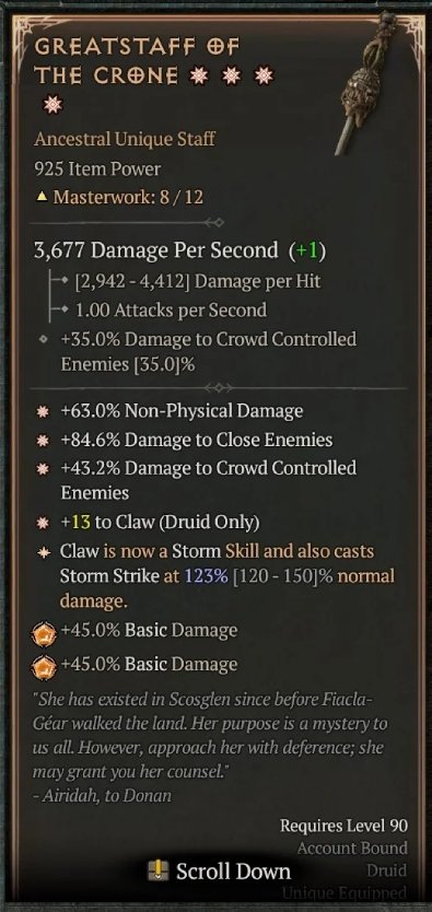 Diablo 4 Greatstaff of the Crone - Unique Staff card