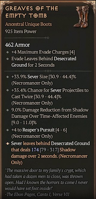 Diablo 4 Greaves of the Empty Tomb: Unique Boots card