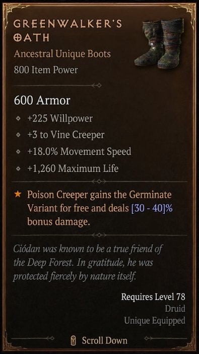 Diablo 4 Greenwalker's Oath: Unique Boots card