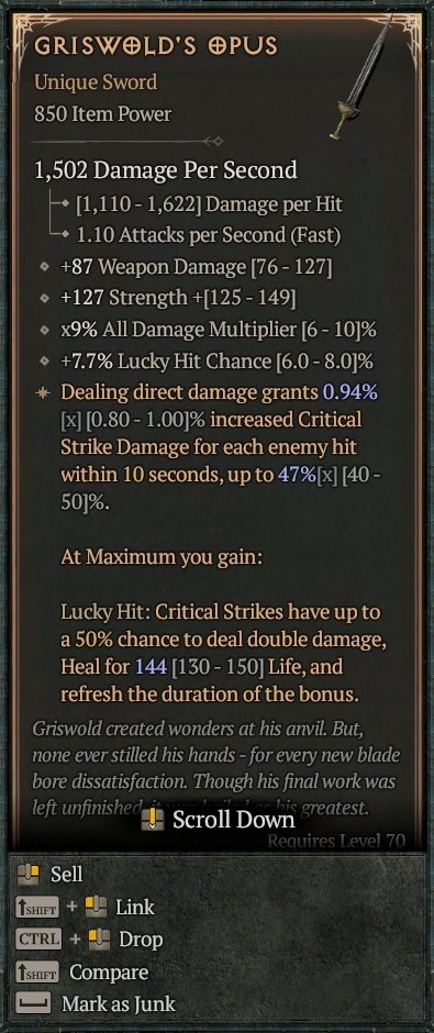 Diablo 4 Griswold's Opus - Unique Sword card