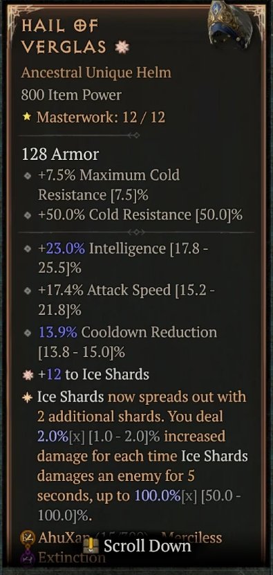 Diablo 4 Hail of Verglas: Unique Helm card