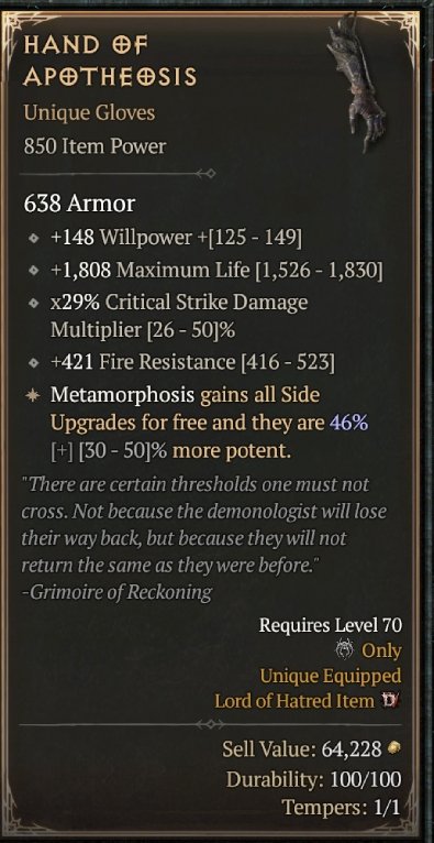 Diablo 4 Hand of Apotheosis: Unique Gloves card