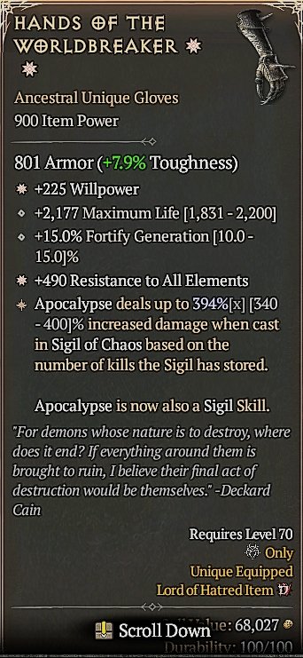 Diablo 4 Hands of the Worldbreaker: Unique Gloves card