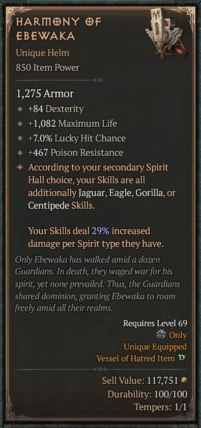 Diablo 4 Harmony of Ebewaka Unique Helm card