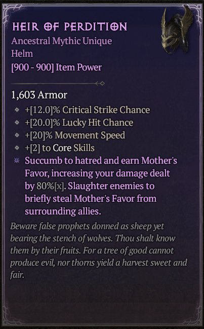 Diablo 4 Heir of Perdition: Mythic Unique Helm card