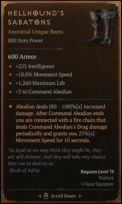 Diablo 4 Hellhound's Sabatons: Unique Boots card