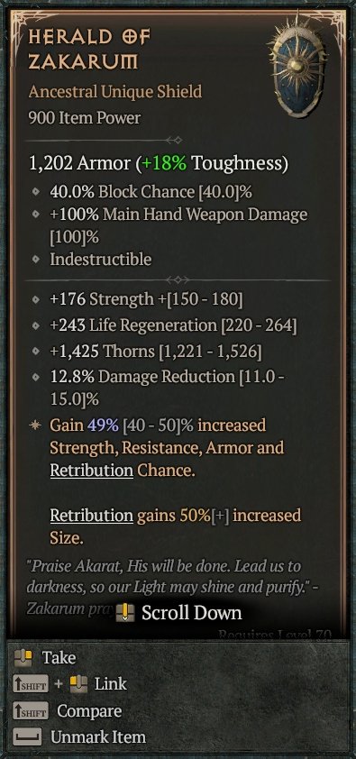 Diablo 4 Herald Of Zakarum - Unique Shield card