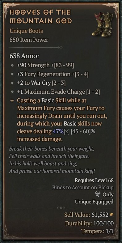 Diablo 4 Hooves of the Mountain God: Unique Boots card